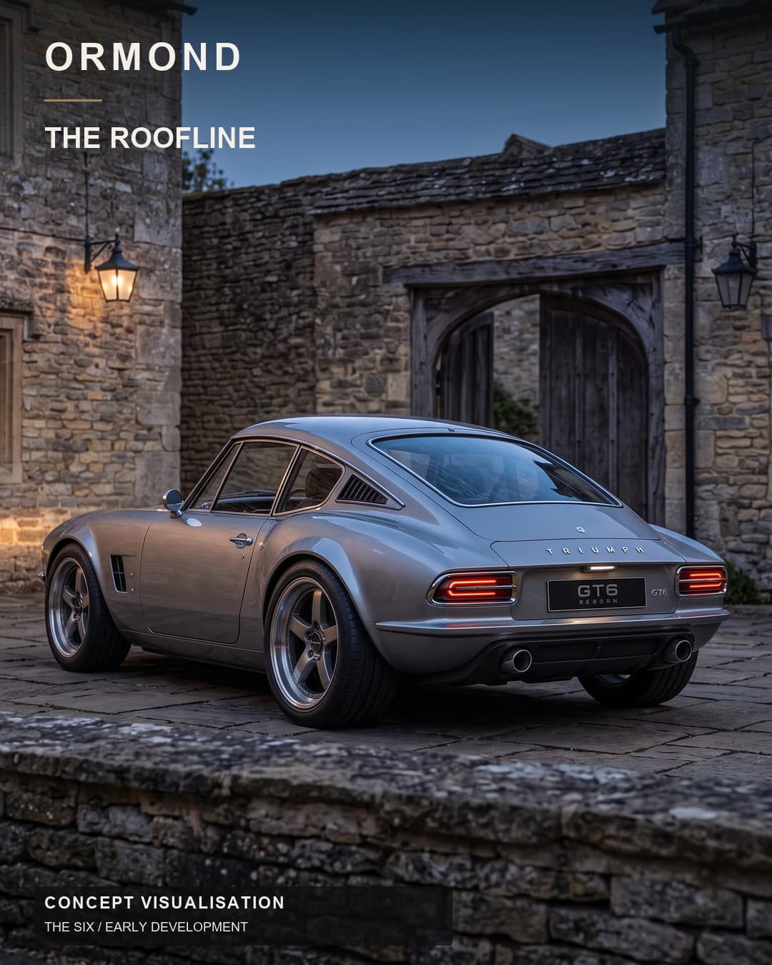 Silver GT6 concept in a British stone courtyard, from the Ormond Roofline campaign
